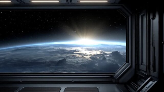 Dramatic view of earth from space station window with sunlight