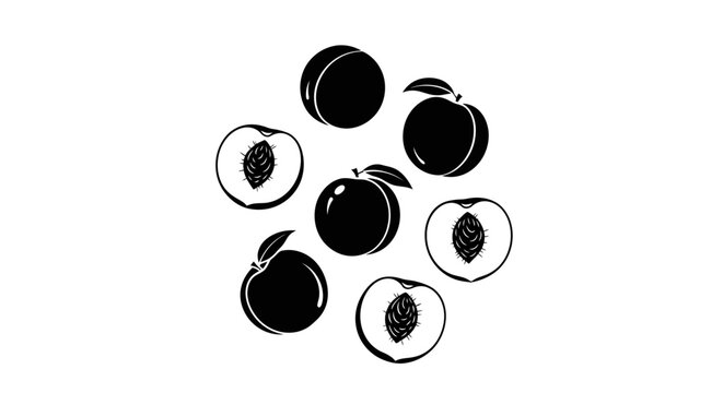 Black and white illustration of peaches with leaves on a plain background