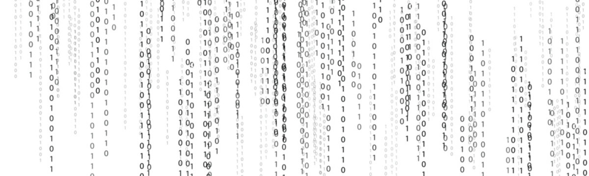 Black and grey digital binary code falling like rain on a clean white background symbolizing data transfer and technological concepts