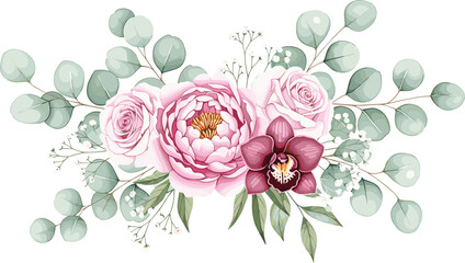 Elegant pink peony and rose floral arrangement with eucalyptus leaves decorative botanical composition design © EdGe Creative