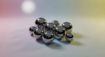 Group of polished metallic balls of different sizes reflecting soft pink and yellow ambient light