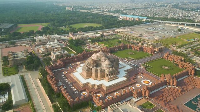Aerial View Drone Footage of Akshardham Temple in New Delhi one of the largest Hindu temple in India