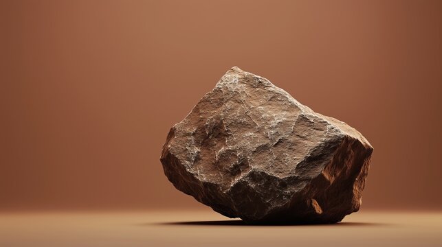 Large angular stone with sharp jagged edges and rough textured surface in earthy brown tones. Raw and rugged appearance. Represents strength, durability, stability, resilience, foundation