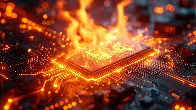 Burning CPU: Overheated Processor on Fire with Glowing Circuitry and Bokeh Effects
