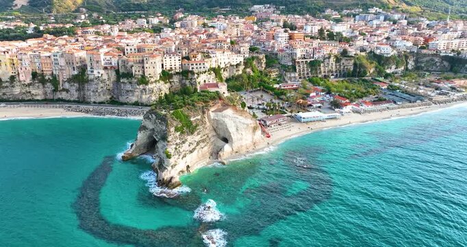 Aerial Drone View of Tropea Calabria Italy with Cliffside Coastline and Turquoise Sea