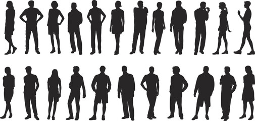 Silhouettes of diverse people standing in various poses, human posture and body language illustration, black figures on white background for design and diversity concepts © AroshiCraft
