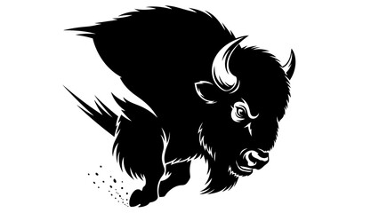 Black Bison Silhouette Running Aggressively, Powerful Wild Animal Symbol
