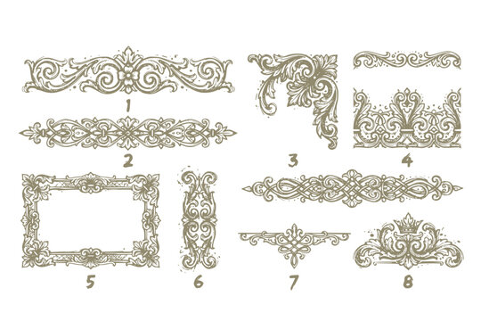 Vintage Border Vectors Engraved Baroque Ornament Frieze Floral Strapwork Knots Decorative Dividers Certificate Frame