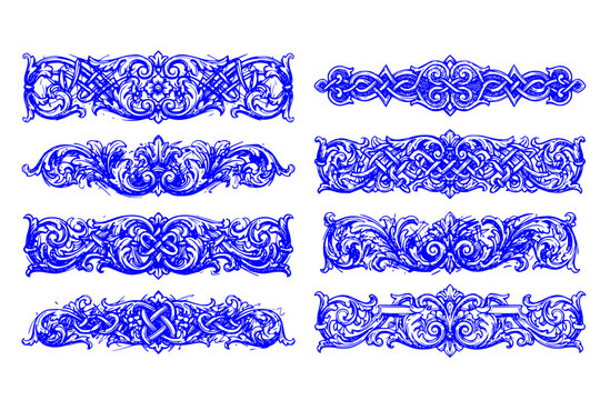 Vintage Border Vectors Engraved Baroque Ornament Frieze Floral Strapwork Knots Decorative Dividers Ornamental Design
