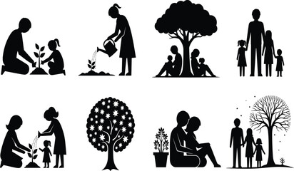 Obraz premium Black Family Silhouette Vector Set with Parents and Children Gardening Planting Trees and Relaxing Outdoors for Nature and Parenting Design Projects