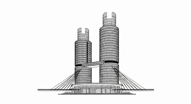 A detailed pen-and-ink sketch of a twin-towered building connected by a skybridge