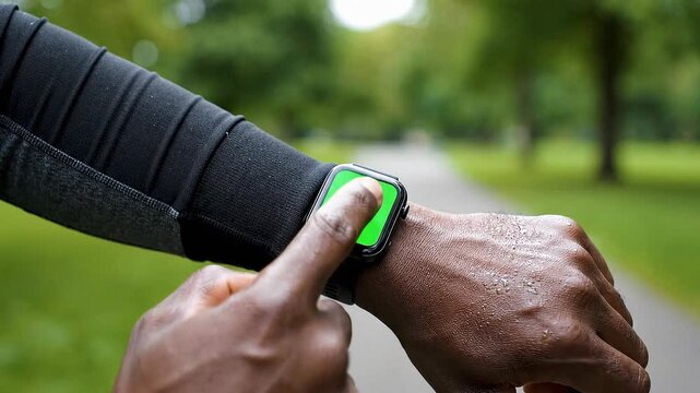 Point of view of a runner interacting with a wearable smartwatch chroma key display in a green park.