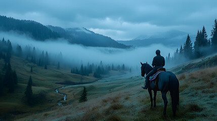 Fototapeta premium Serene rider training horse in foggy mountain valley. lone person on horseback enjoys quiet moody landscape