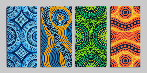 Four vibrant panels displaying abstract aboriginal style dot art patterns © Prosanta