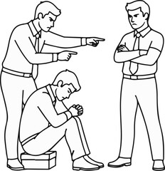 Fototapeta premium Three men, one sitting, two standing and pointing accusingly