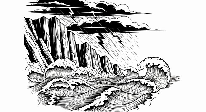 Dramatic ocean storm with crashing waves against rocky cliffs under lightning