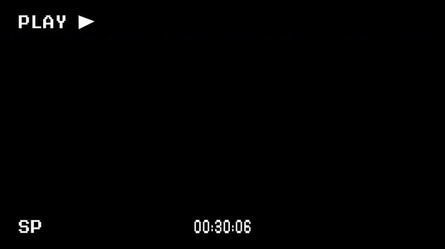 VHS play overlay with retro on-screen display, timecode, and analog noise. Vintage playback effects, UI overlays, and glitch transitions. 4K video with alpha channel