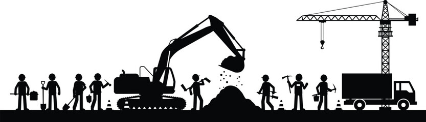 Construction Site Silhouette Vector Featuring Industrial Workers Excavator Crane and Heavy Machinery for Civil Engineering Building Projects and Professional Labor Graphics © Shoriful