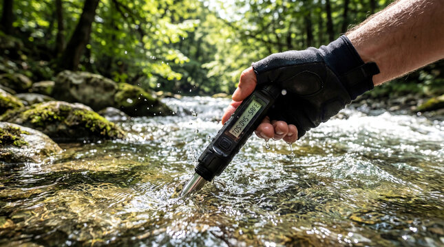 Close-up of Hand in Glove Testing Stream Water Purity with Digital TDS Meter in Lush Forest Setting