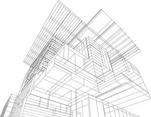 Fototapeta premium Architectural building wireframe line drawing featuring modern multi story residential construction frame and structural design