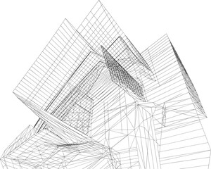 Architectural building wireframe line drawing featuring complex geometric multi story residential construction frame and structural design