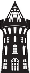 Fototapeta premium Intricate black silhouette of tall medieval castle tower with arched windows and battlements representing history