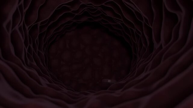 Human throat interior showing detailed pink tissue texture with single white pill floating inside esophagus medical anatomy concept close up
