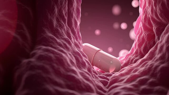 Pink capsule pill inside blood vessel with red blood cells and soft tissue texture, medical anatomy concept for health, drug delivery, and treatment