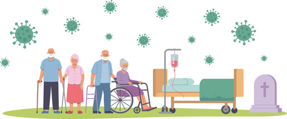 Naklejka premium Flat vector illustration showing vulnerable elderly people with masks and walking aids near a hospital bed and gravestone during a viral pandemic outbreak