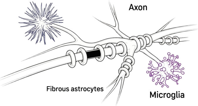 Detailed illustration of a myelinated axon with surrounding glial cells