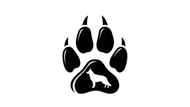 Black dog paw print silhouette with German Shepherd inside, vector graphic