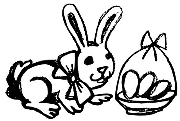 Fototapeta premium Hand drawn sketch of a cute Easter bunny with a bow and eggs. 