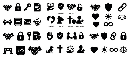 Trust icons with handshake lock shield bold
