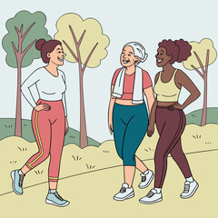 two girls in a park. Diverse group of women in activewear smiling after workout