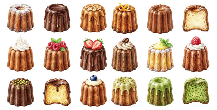 A charming watercolor collection of canele desserts, including classic caramelized cakes, chocolate glaze, pistachio, and berry toppings.
