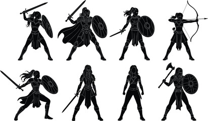 Large Vector Silhouette Collection of Powerful Female Warriors with Swords Shields Bows and Axes for Fantasy Games Tabletop RPG Branding and Graphic Novels © Shoriful