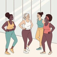 group of people in the gym. Diverse group of women in activewear smiling after workout