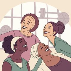 man and woman with a gun. Diverse group of women in activewear smiling after workout