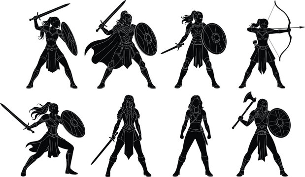 Large Vector Silhouette Collection of Powerful Female Warriors with Swords Shields Bows and Axes for Fantasy Games Tabletop RPG Branding and Graphic Novels