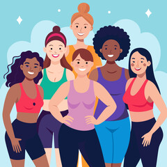 group of people in a gym. Diverse group of women in activewear smiling after workout