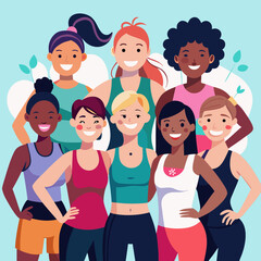 group of children running. Diverse group of women in activewear smiling after workout