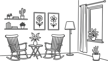 Modern living room interior line art illustration with rocking chairs floor lamp bookshelf window and indoor potted plants for home decoration and coloring book