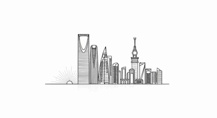 Fototapeta premium Stylized line drawing of a modern city skyline at sunrise, featuring distinct skyscrapers