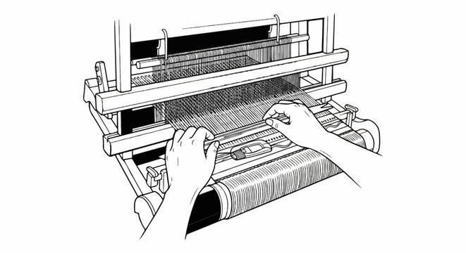 Hands operating a loom, weaving threads into fabric