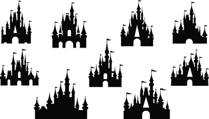 Fototapeta premium Magic fairy tale castles and royal palace silhouette set, medieval fortress with towers and flags, cad drawing flat vector illustration
