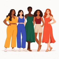 Obraz premium Five Diverse Women Standing Summer Outfits Flat Vector Illustration White Background Horizontal
