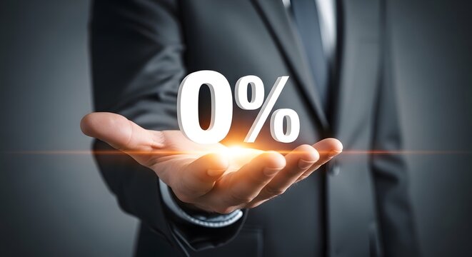 Businessman holds out hand showing 0% interest rate offer