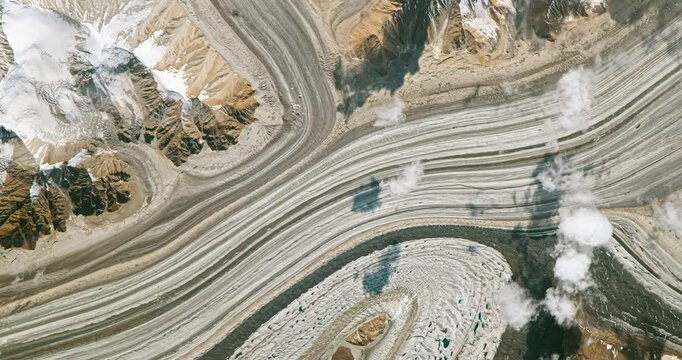 Flying above large glacier. Camera is zooming out. Animation based on image by NASA
