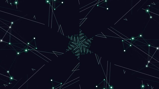 Animation of moving particles and lines forming a central shape against a dark background from a distant viewpoint