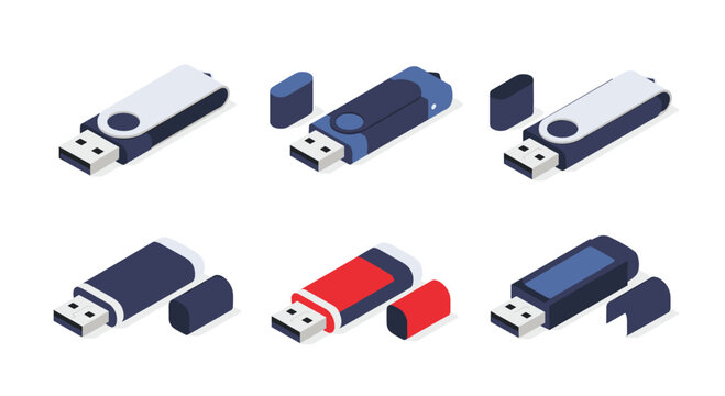 Collection of isometric USB flash drive icons in various colors and designs for data storage and portable technology.